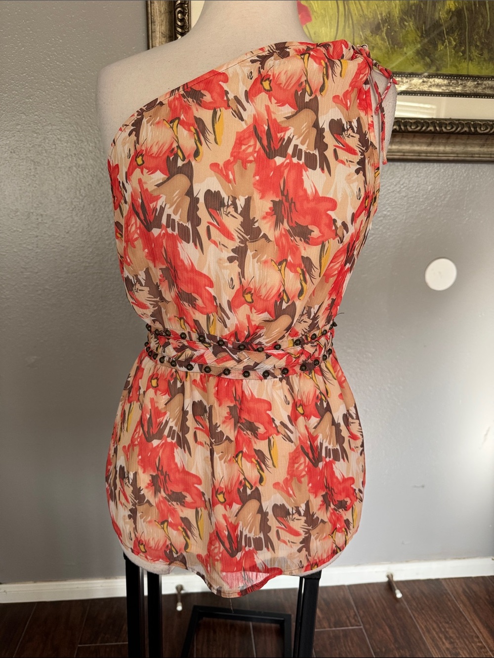 Bebe Coral Peach Floral One-Shoulder Dress